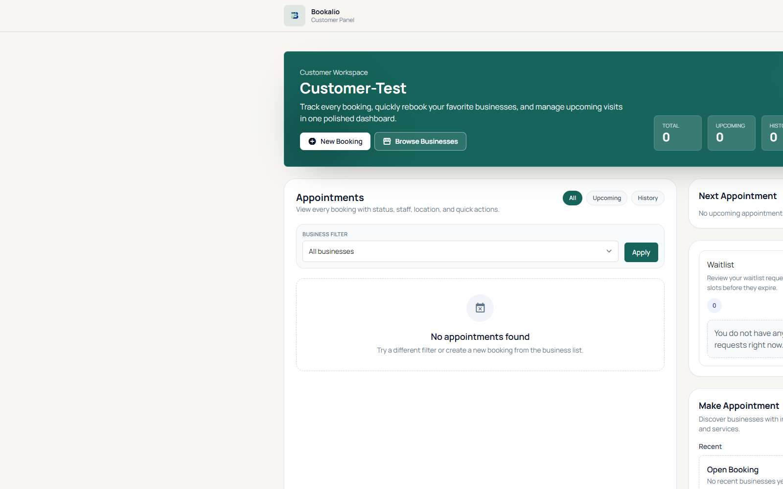 Real Bookalio customer dashboard preview