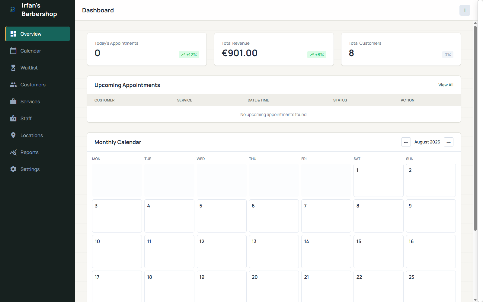 Echt Bookalio-bedrijfsdashboard met de omzet, klanten en maandkalender van vandaag